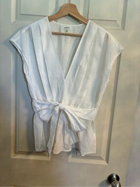 Max Studio White Tie-Waist V-Neck Linen Blend Tunic